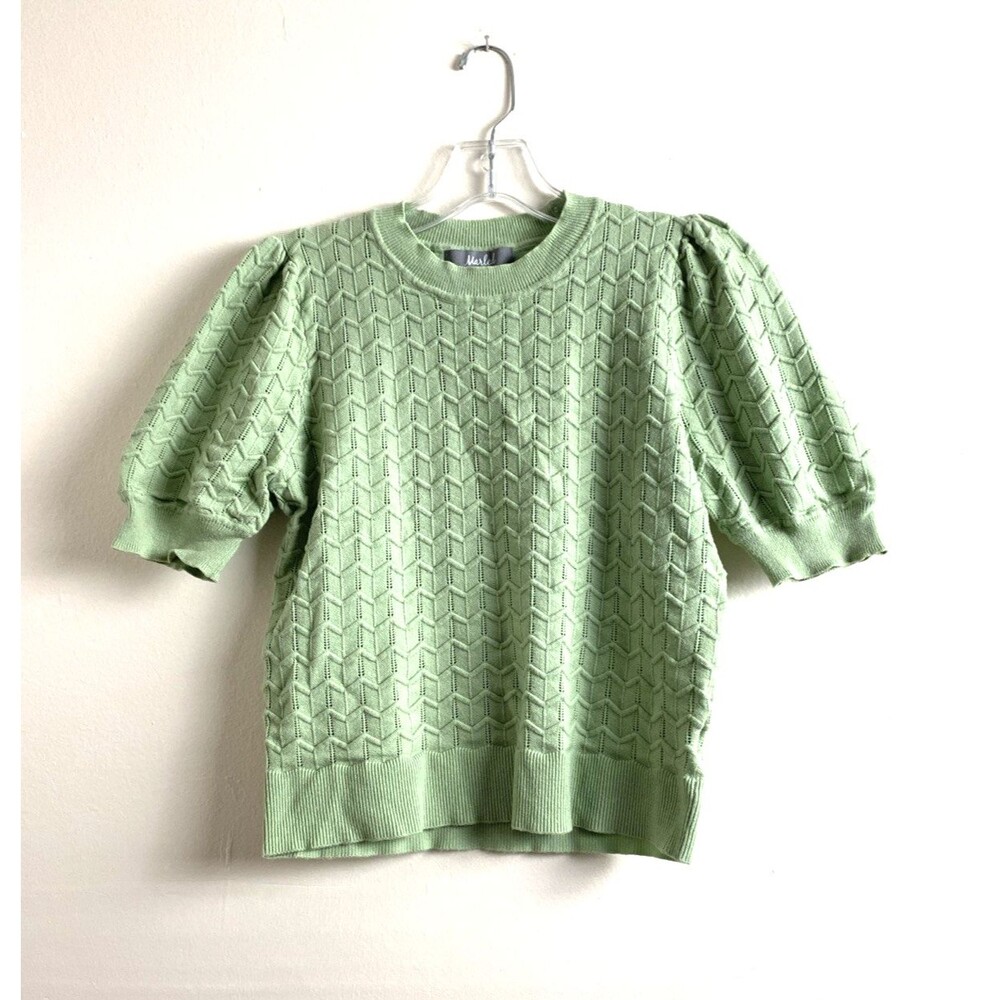 Marled Cable Kinit Top Short Puff Sleeve Size S Green Zigzag Casual Office